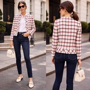 Ann Taylor Plaid Fringe Tweed Blazer Size 14 Preppy Chic Americana Boucle Jacket